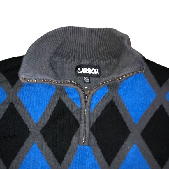 Y2K BLUE GRAY ARGYLE SWEATER SIZE XL 1/4 ZIP 100% COTTON CARBON MENS - Picture 2 of 4